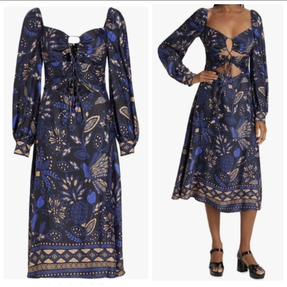 Farm Rio Macaw Navy Blue Midi Dress Cutout Bodice Long Sleeve Size XS NWT - Picture 1 of 6